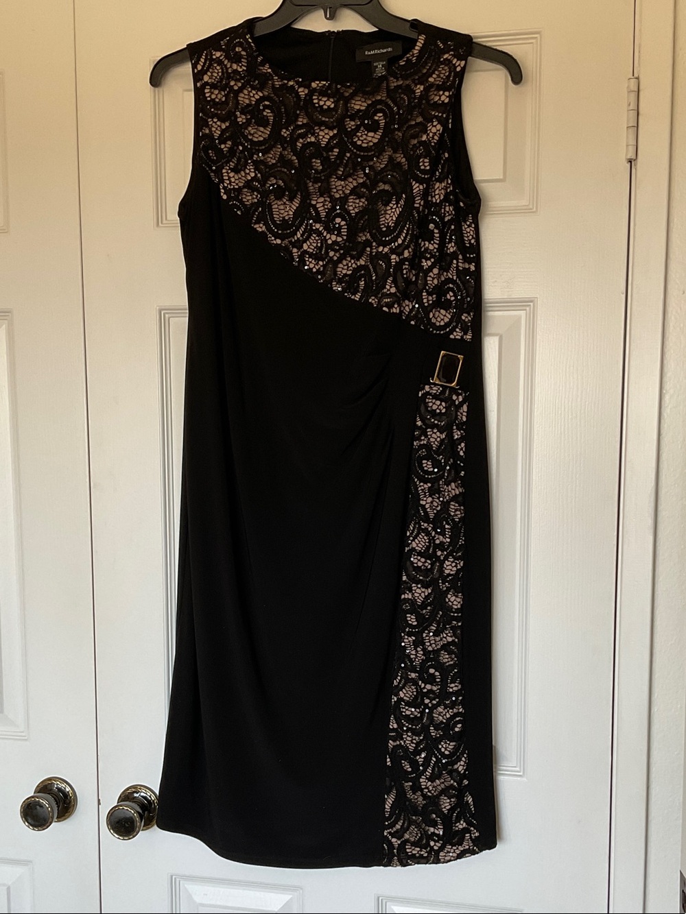 R&M Richards Black Lace-Overlay Sleeveless Sheath Dress with Nude Lining
